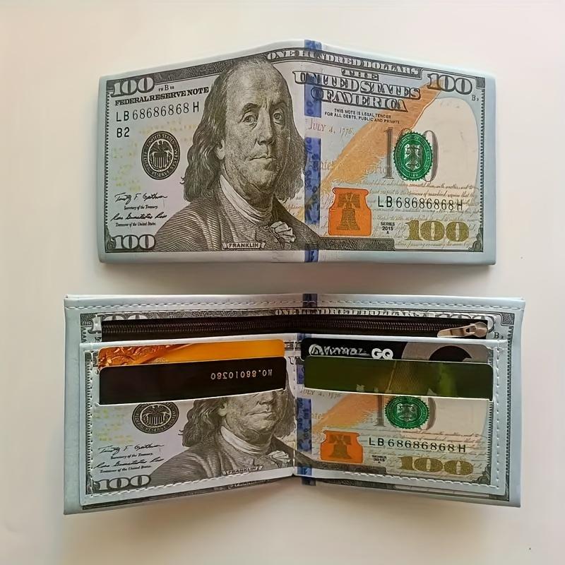 Vintage Dollar Pattern Ultra-Thin Faux Leather Wallet, Foldable Credit Card Holder with Zipper Coin Purse