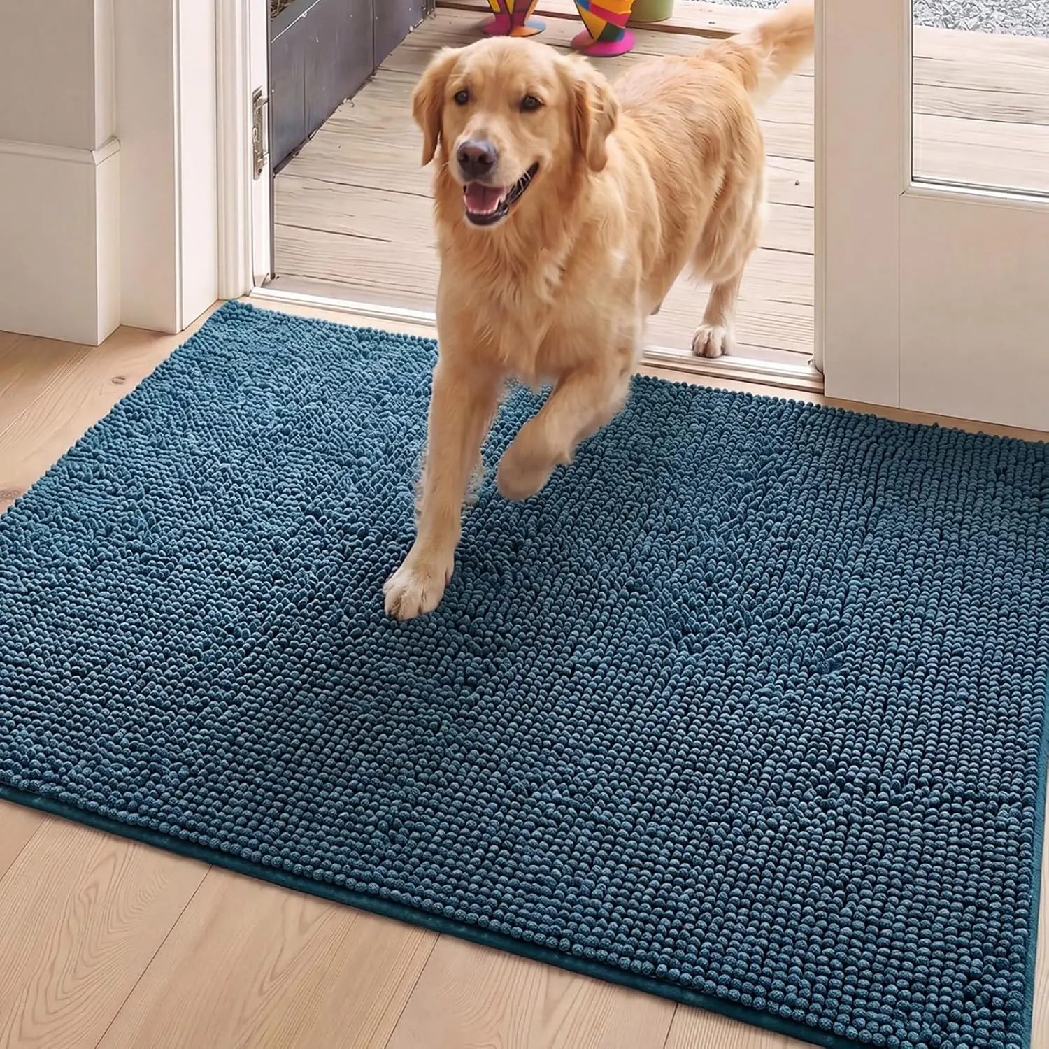 Door Mat for Muddy Paws 24"x36", Absorbent Floor Mat Indoor, Non Slip Washable Entryway Rug, Quick Dry Dirt Trapper  Mat for Dogs & Cats, Soft Indoor Doormat for Front Door,  Blue