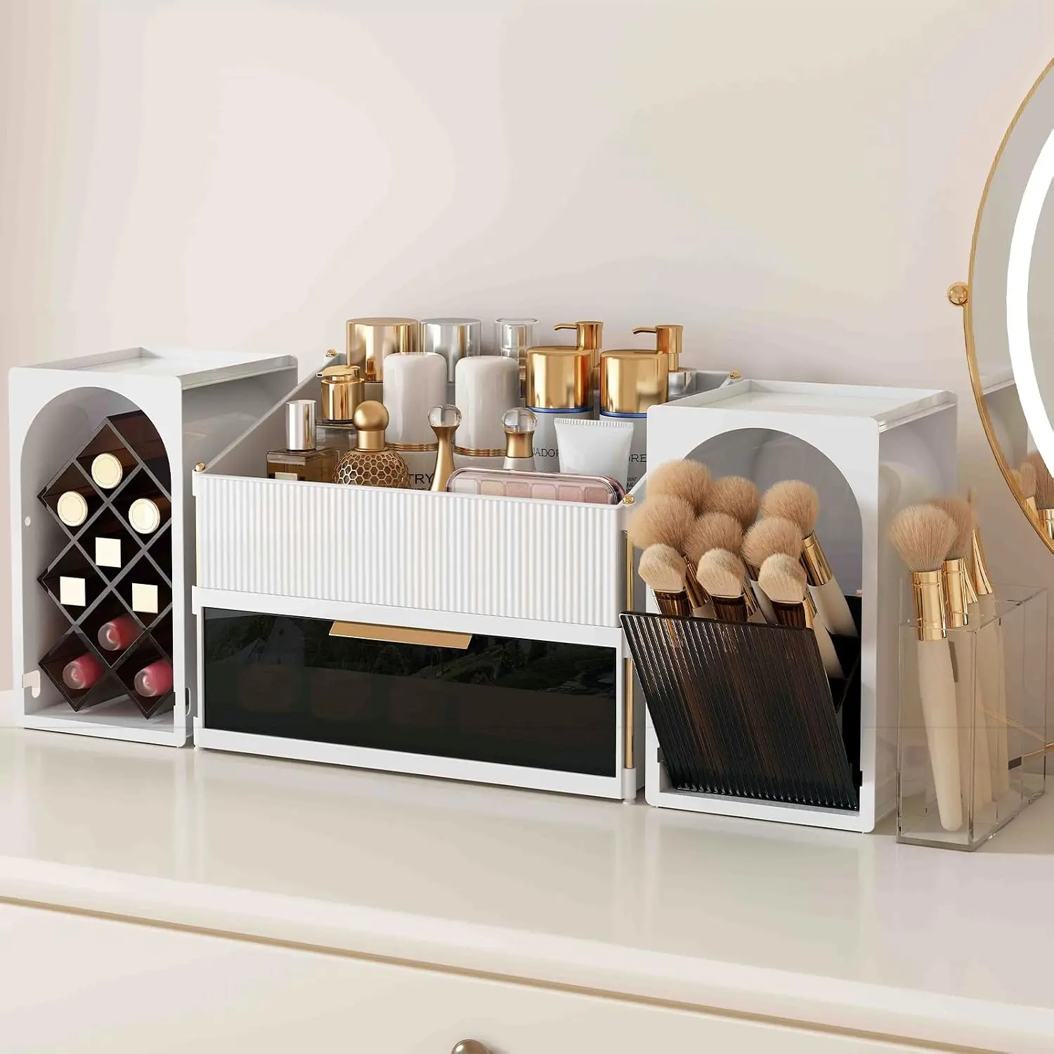 Large Makeup Organizer for  with Brush Holder and Lipstick Display Stand, Countertop Makeup Organizer with Drawer,  Storage for Skincare,  Polish, Perfume and Eyeshadow Palettes