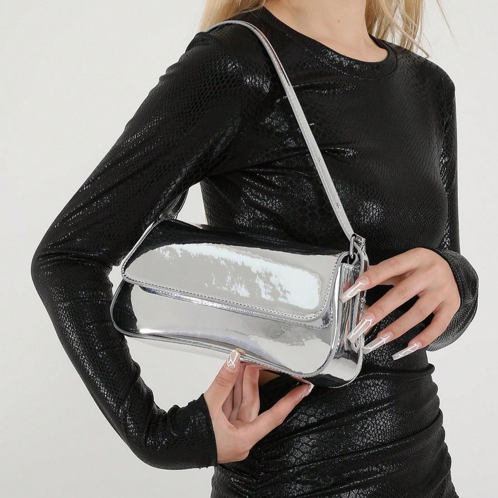 New Solid Color PU Material Shoulder Bag, Texture Luxury Style Crossbody Bright Evening Clutch Bag with  Fashionable and Unique Short Arc Design Equipped With Vest Buckle Handbag Work Bag Dinner Bag Handbag Suitable for Woman