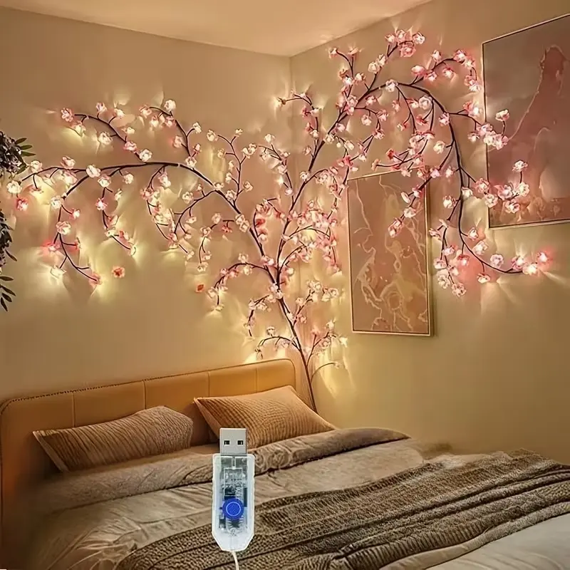 96-Light Cherry Blossom Vine String Lights, Bendable DIY LED Branch Lights with 48 LED Beads & 48 Artificial Cherry Blossoms, USB Powered with 8 Adjustable Flashing Modes for Custom Home Layout
