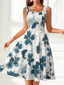 Square Neck Waist Cinched Floral Midi Dress, Knee-Length Spring Summer Elegant Casual Vacation Women's Dress, Stretchy Knit Printed Dress