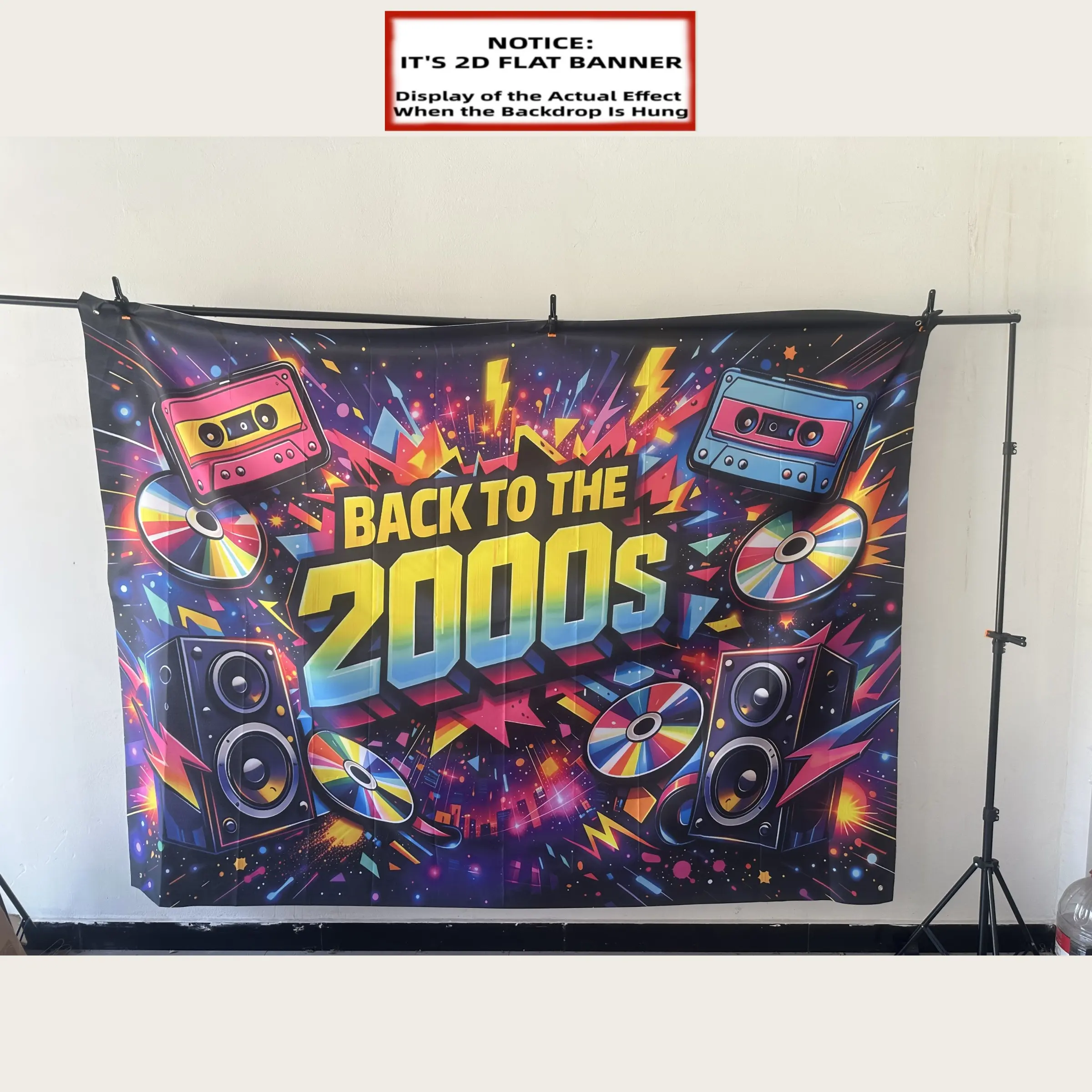 2D Flat Banner 1pc, BACK to THE 2000S Retro Y2K Themed Backdrop with Caste Tapes CDs Lightning & City Nightscape - Suitable for Indoor/Outdoor Parties Photo Backgrounds Wall Decor - Durable for Weddings Birthdays Nostalgic Events Party Decoration Banner