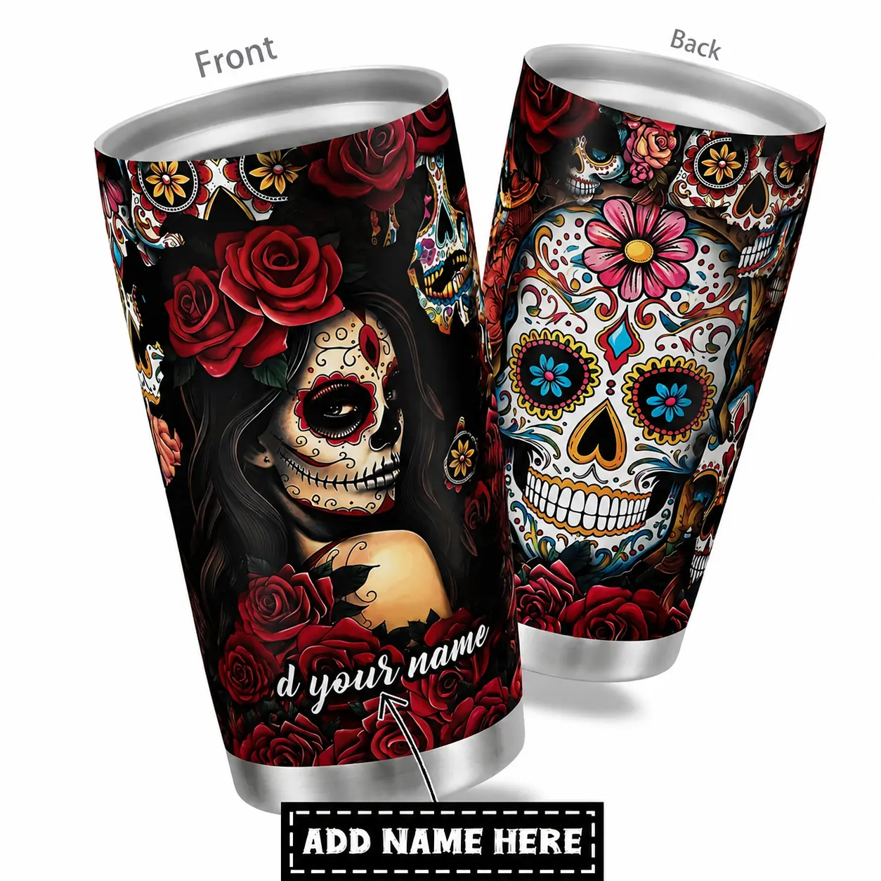Custom Name Day of the Dead Catrina Sugar Skull Red Rose 20oz Stainless Steel Tumbler with Lid, Personalized Dia de los Muertos Floral Skull Travel Cup, Mexican Sugar Skull Reusable Beverage Mug for Halloween Gift Daily Use