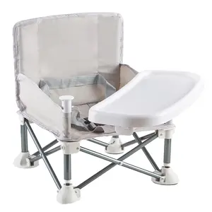 Portable Baby Chair with Removable Tray – Folding Booster Seat  Toddlers 6 Months to 3 Years, Lightweight Travel Highchair  Camping, Beach, Outdoor & Dining Table Use Beige (Grey)