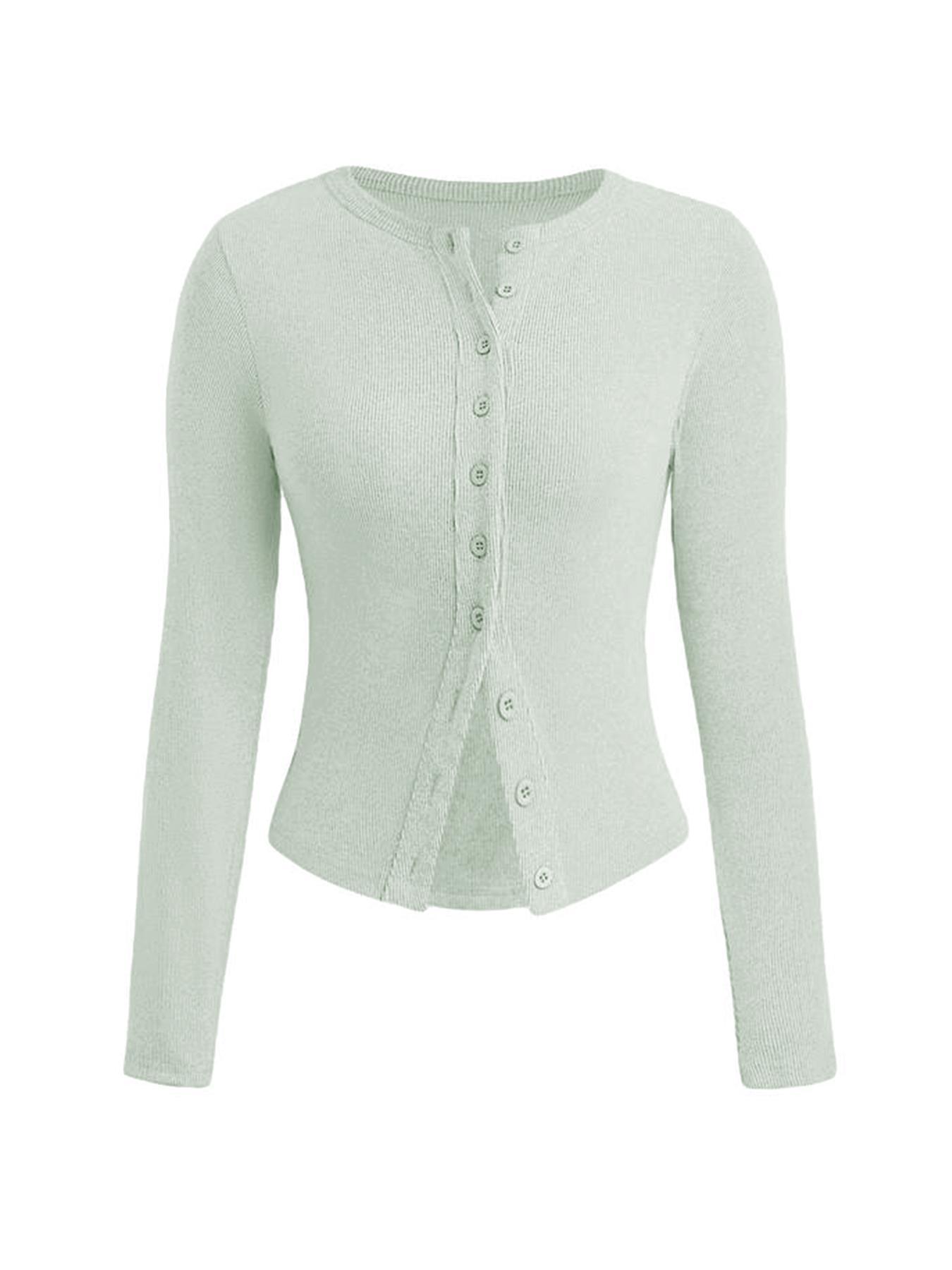 Basic Solid Color Round Neck Button Long Sleeve Slim Top