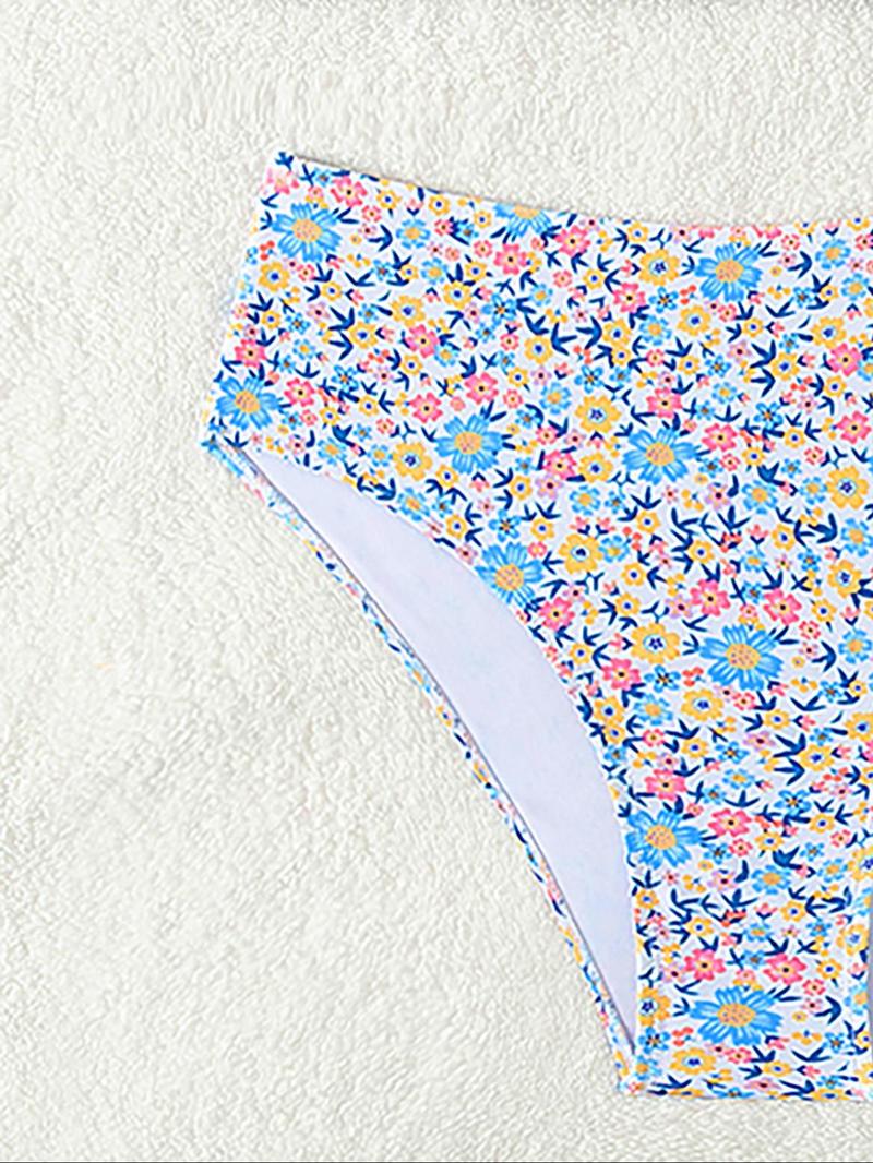 Summer Print Bikini Set, Girls Sleeveless Wireless Bra Top, High Waist Triangle Beach Shorts, Casual Ditsy Floral Swimsuit