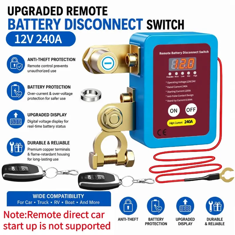 240A Remote Battery Disconnect Switch with LED Voltage Display, 12V Theft-Proof Cut off Switch for Cars and Boats