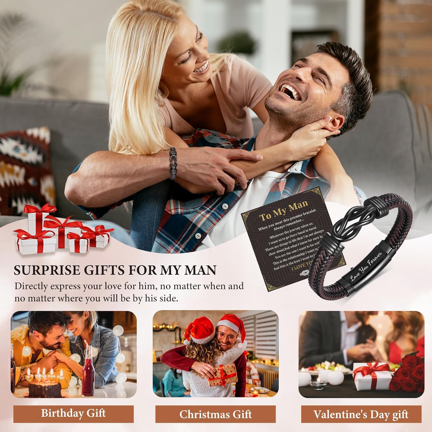 THE WELL KEPT Men's Bracelets Gifts for Men - Brown Braided Leather Infinity Knot Bracelets Engraved Love Massage for Son Man Husband Boyfriend, Personalized Mens Bracelets   for Birthday Christmas