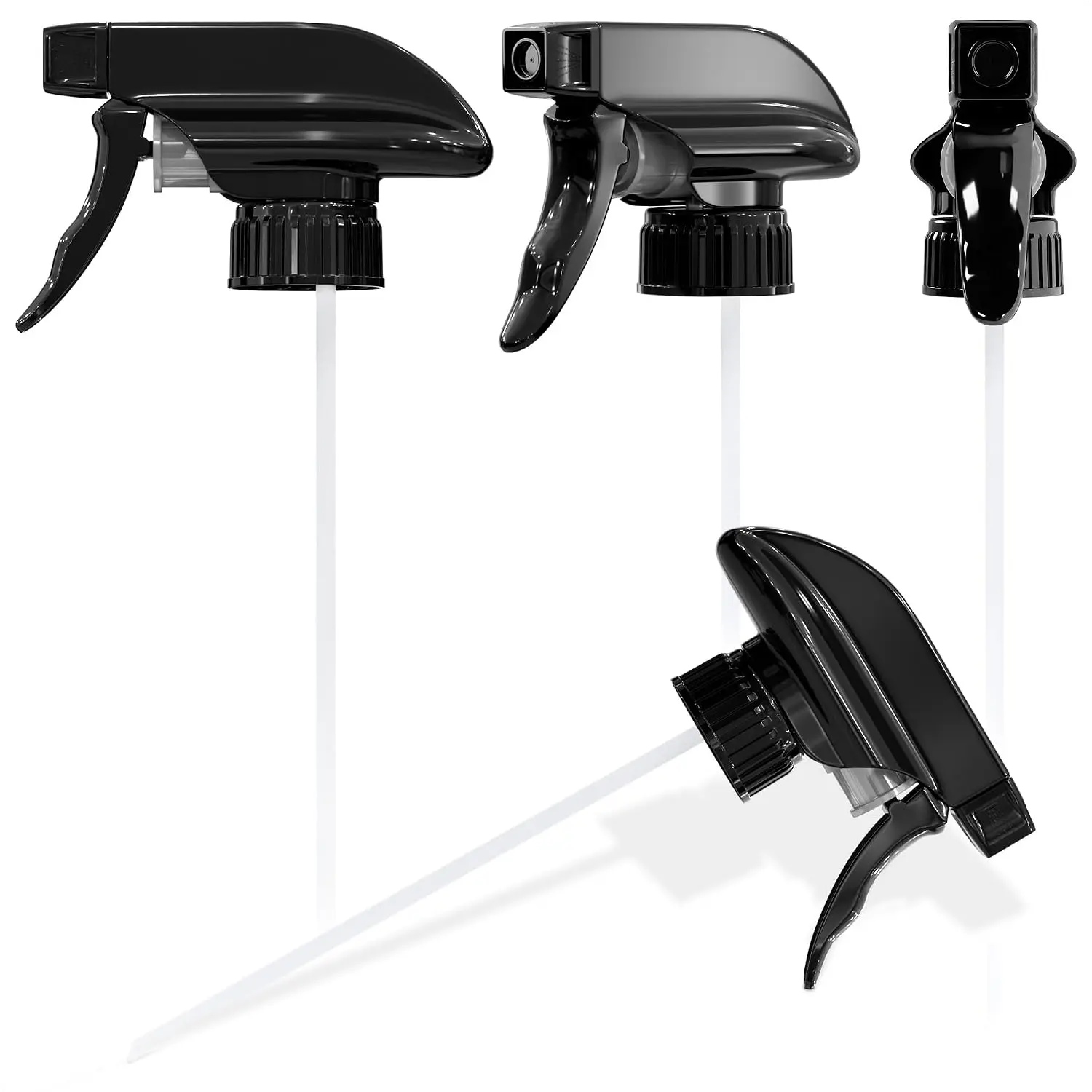 4 Pack  Nozzle for Bottles, Trim-to-Fit Tube; Plastic (Black) |  Bottle Nozzle ; Fits 8 and 16 Oz; Trigger Sprayer with Mist, Stream & Off Modes; for Cleaning and Garden