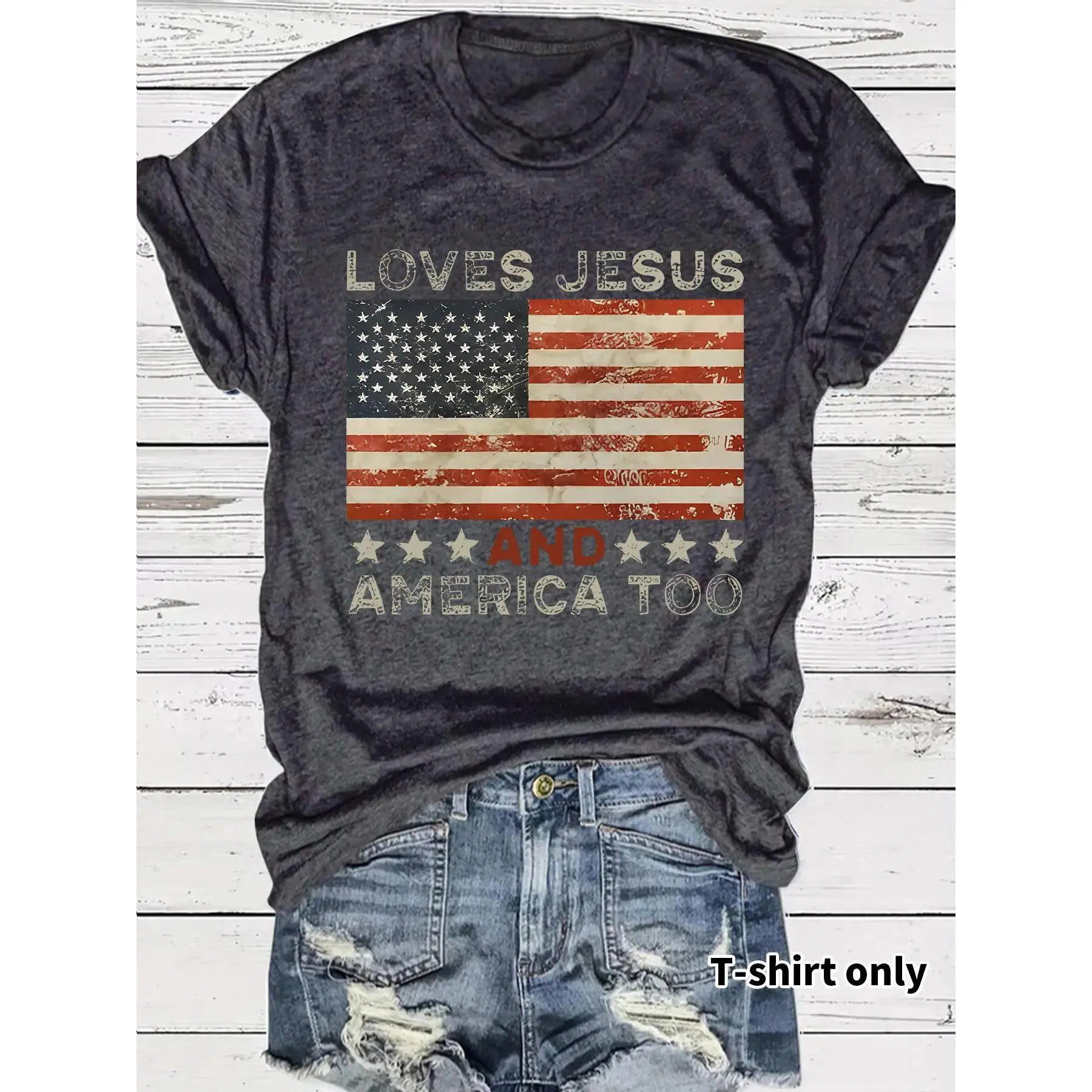 Women's Cotton Standard Fit Regular T-Shirt - Vintage American Patriotic Print, Casual Round Neck Short Sleeve Summer Top for Daily Wear, Flag, All Over Print, Clothes