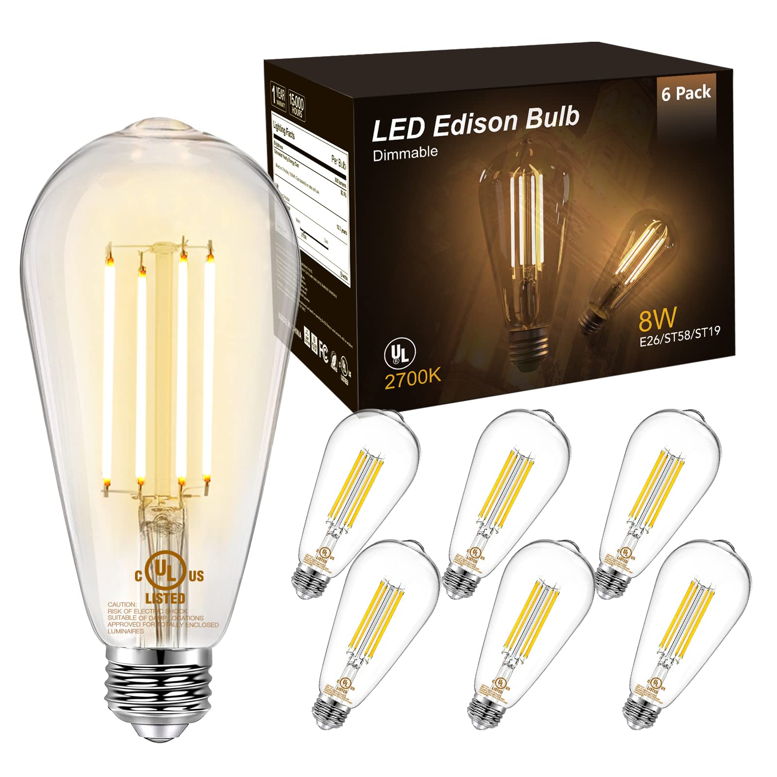 DAYBETTER LED Edison Bulbs ST58 Antique Filament 8W 800LM Dimmable Warm White 2700K E26 Base Clear Glass for Home Decor