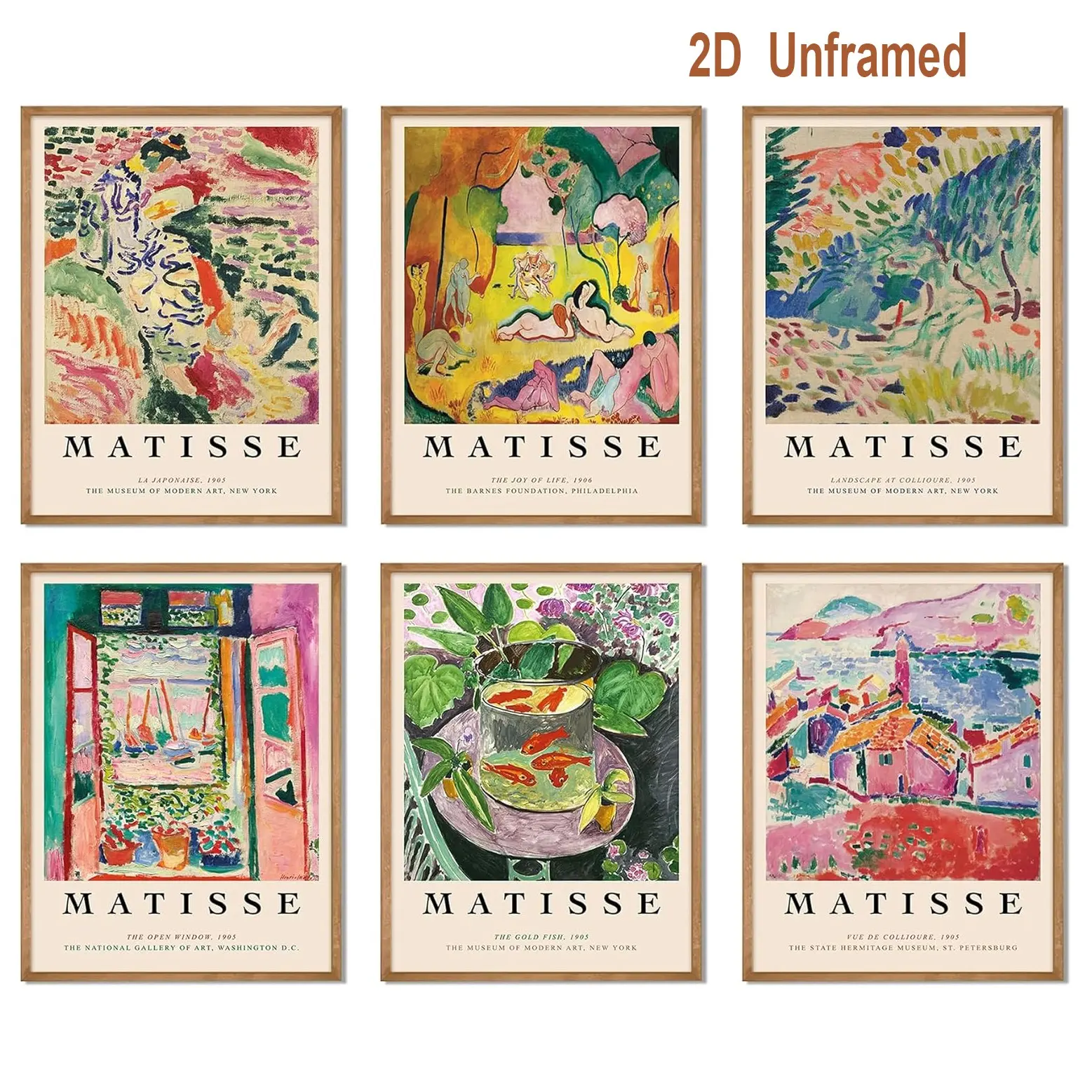 6-piece set of frameless Uniro Henri Matisse wall art prints, vintage Matisse exhibition posters, perfect for room decor, abstract canvas art, ideal for bedrooms, living rooms, galleries, and wall decoration