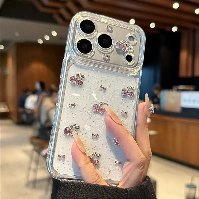 Cute 3D Diamond Cherry Phone Case For iPhone 17 16 15 14 13 12 11 Pro Max Soft Shockproof Cover Epoxy Glitter Shell