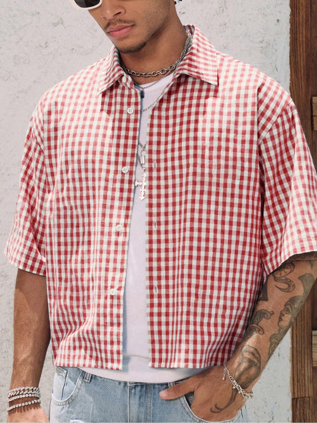 Men's Floral Embroidery Embroidered Short Sleeve Shirt, Regular Fit Casual Street Retro Gingham Plaid Graphic Button Front Top for Summer, Men's Clothes for Daily Wear, Menswear