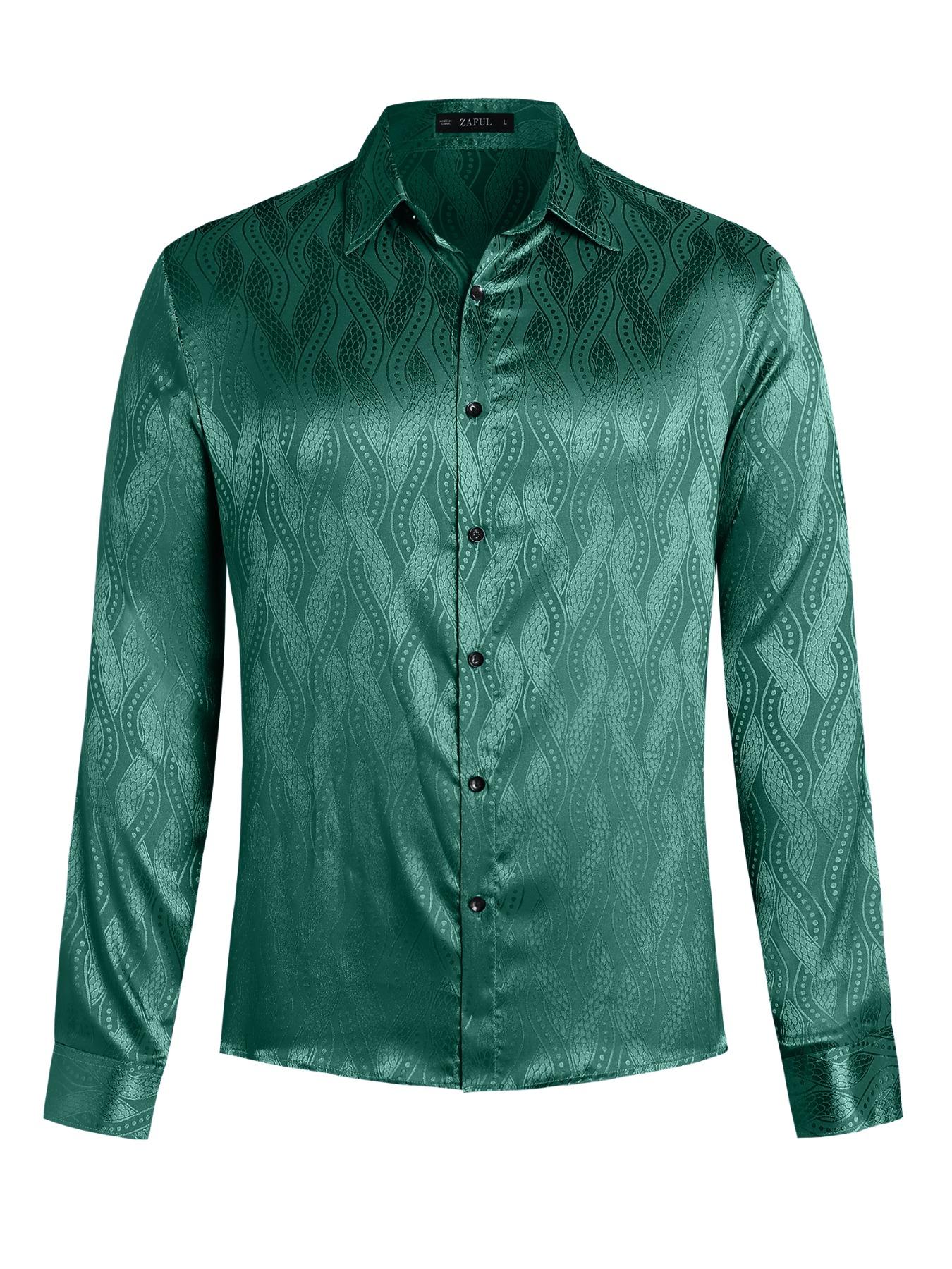 Men's Jacquard Button Front Shirt, Regular Fit Casual Long Sleeve Collared Top for Business Work Office, Fashion Men's Clothes for All Seasons