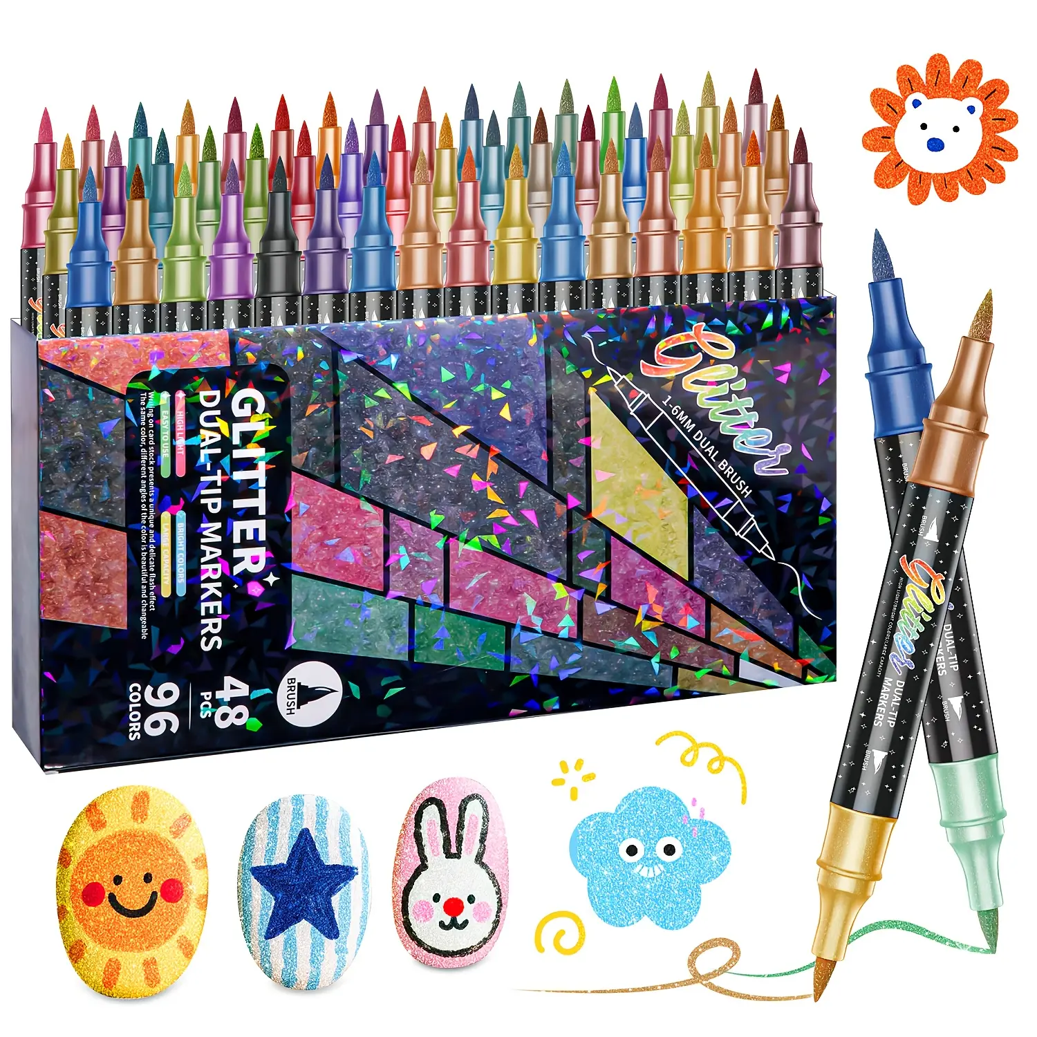 48pcs Dual-Tip Glitter Pens - Water-Based Ink Markers with Glitter Effect, Metallic Shine, Sparkling Look for Crafts, Greeting Cards, Professional Art (Office Stationery Writing Tool), Dual-Tip Pen
