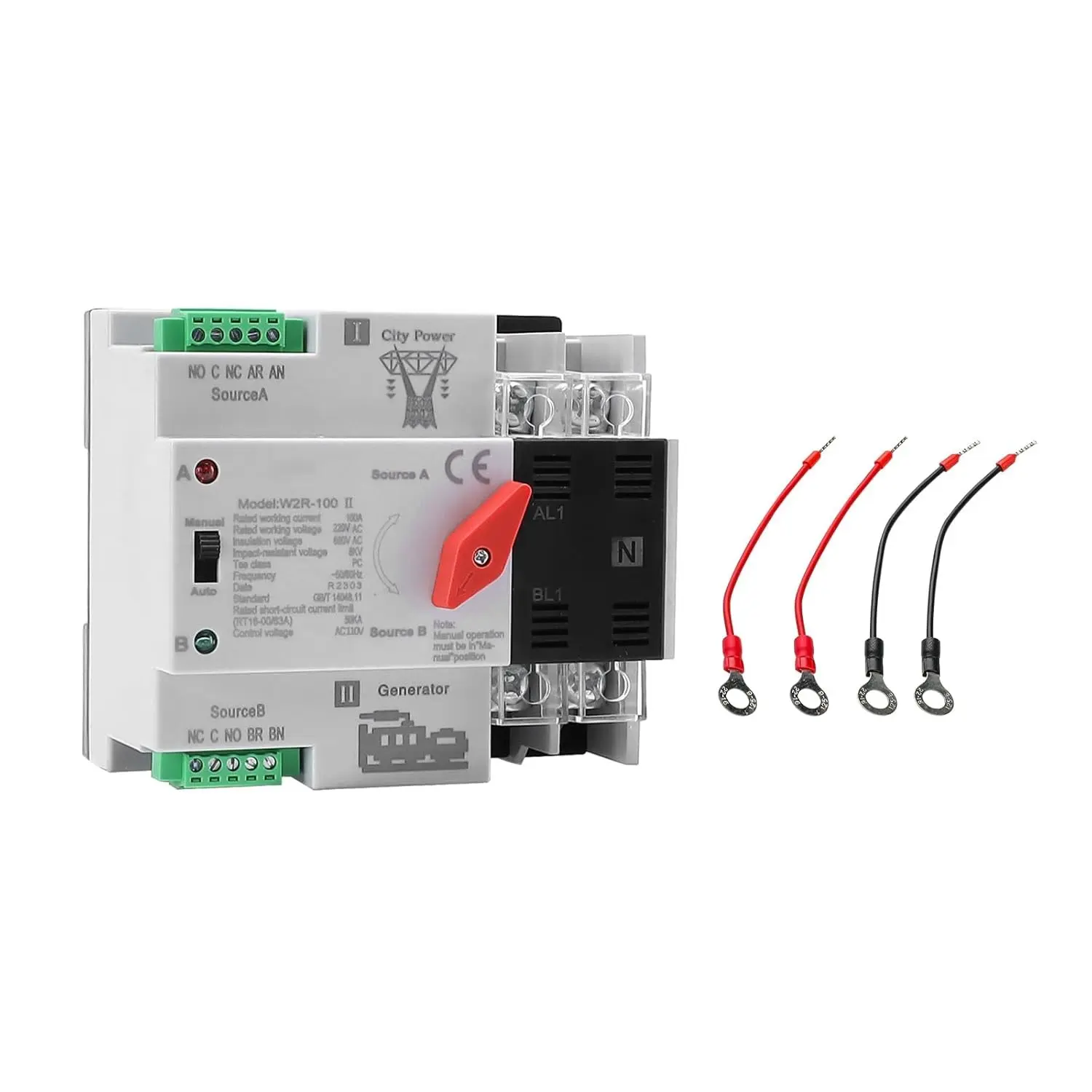100Amp AC110V Automatic/Manual Transfer Switch 2P 50/60Hz, 2POLE 100A Mini ATS Solar Auto Dual Power Switch for Home Generator, Din Rail Mounted Cn Automatic Changeover Fast Transfe for Rv, Lv Power
