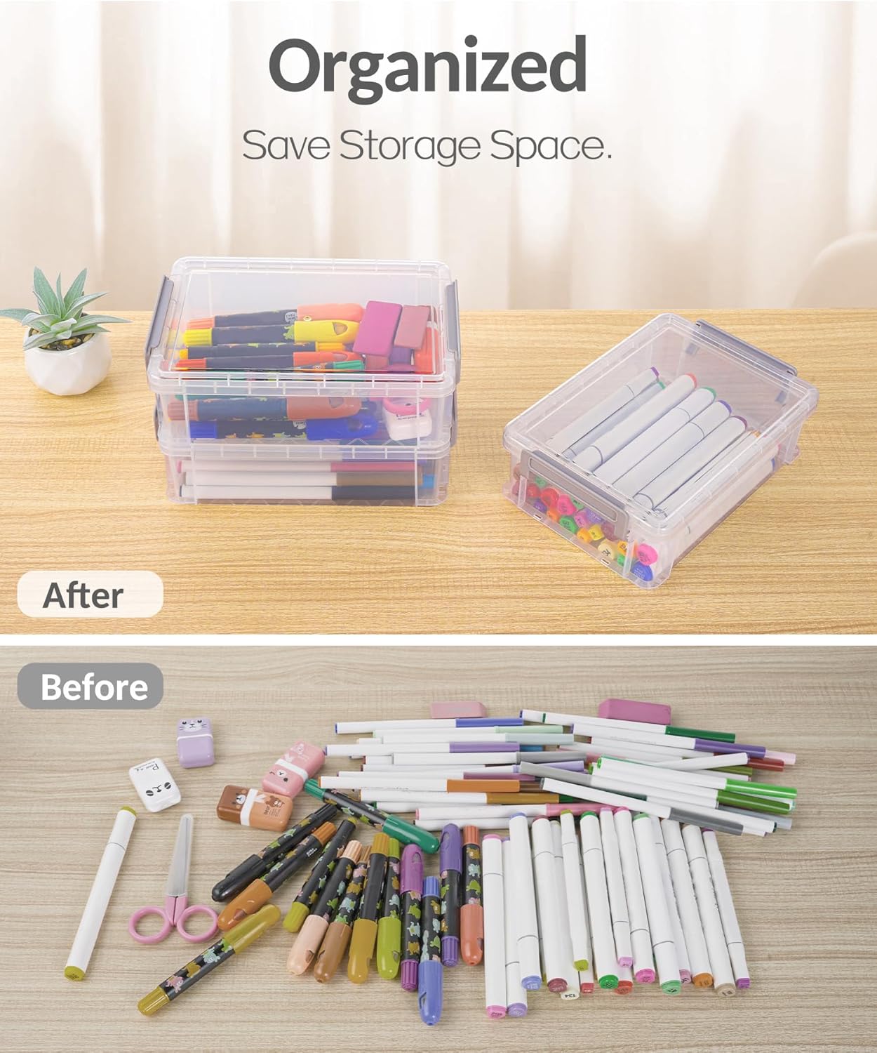 Z-PCB25  6 Pack Extra Large Pencil Box, Plastic Hard Pencil Case Crayon Box Bulk, Clear Marker Organizer Plastic Containers with Lid, Stackable Storage Boxes for Art Craft, Back to School Supplies, Multi