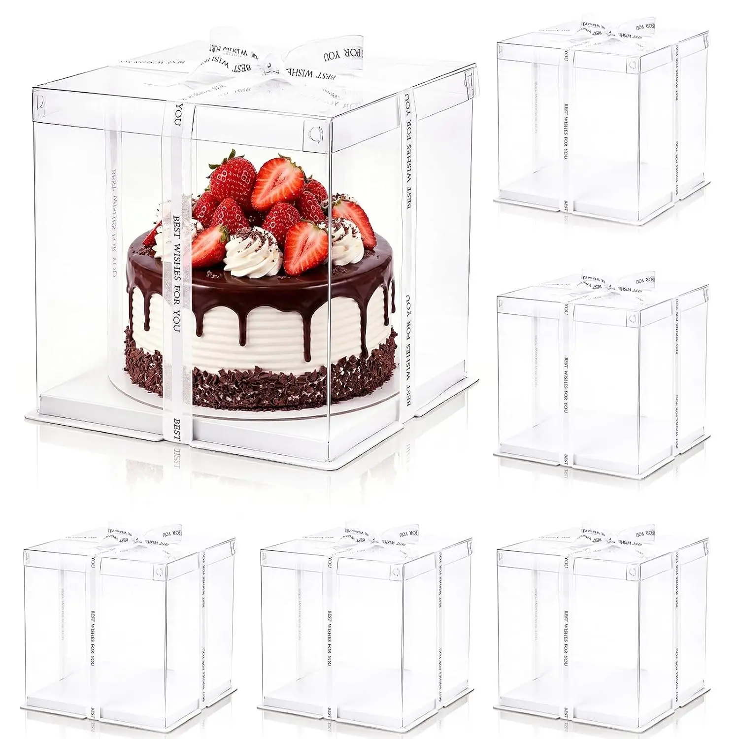 Cididu 6 Pcs Clear Cake Box with Ribbon, 2-Layer Tall Cake Packaging Boxes 8x8x9 Inch, PET Cake Carrier Transport Container for Tiered Cakes, Transparent Gift Display Boxes with Lid for Birthday Party
