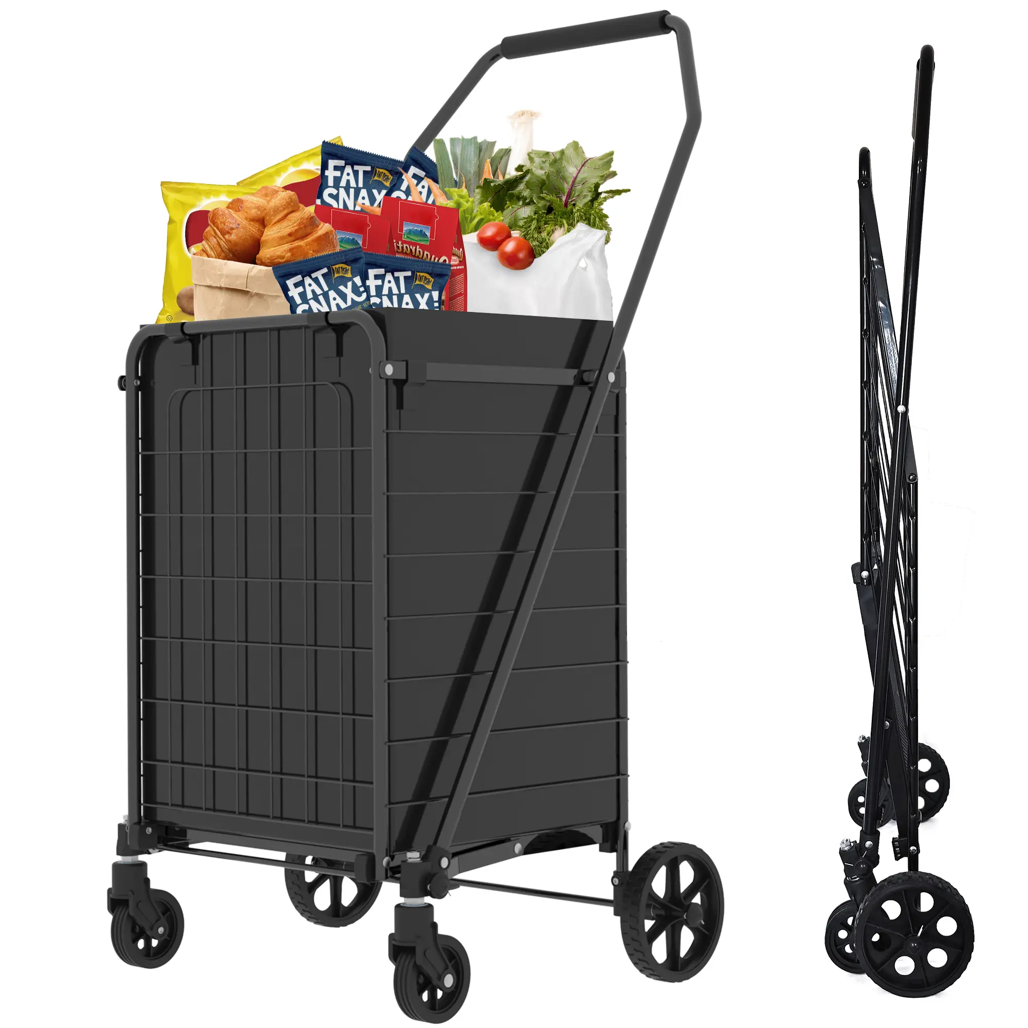 ARCH Foldable Shopping Cart with Shelf, Grocery Cart on Wheels, Utility Cart with 360° Swivel Wheels, Metal Frame, Oxford Fabric, Antique Black, 200 lb Capacity, for Laundry, Groceries, and Home Use, 19.5W x 20D x 39H in, Antique Black Color Options