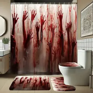 4pcs Halloween bloody hands, Gothic shower curtain, horror, spooky, struggle, shower curtain set, non-slip floor mat, U-shaped carpet, toilet cover, Bathroom accessory, 12/24 shower curtain hooks