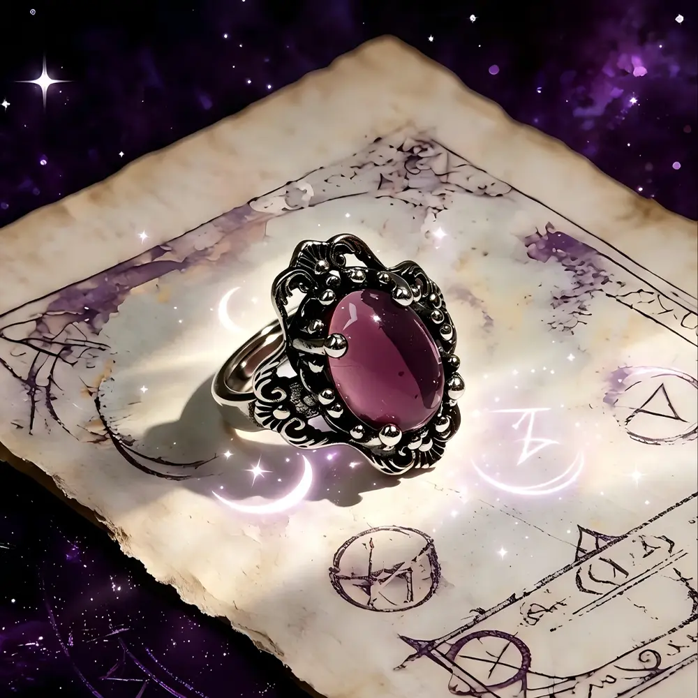 Vintage Gothic Pink Cat Eye Stone Statement Ring, Antique Silver Ornate Filigree Oval Gemstone Ring, Dark Witchy Victorian Scrollwork Cocktail Ring, Mystical Occult Aesthetic Jewelry, Gothic Witch Fashion Accessory Gift For Women