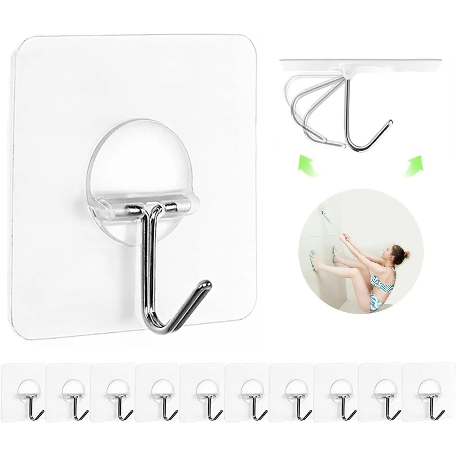 Adhesive Wall Hooks 13LB Heavy Duty No Drill Transparent Waterproof Hooks for Bathroom Kitchen Towel Coat 12 Pack