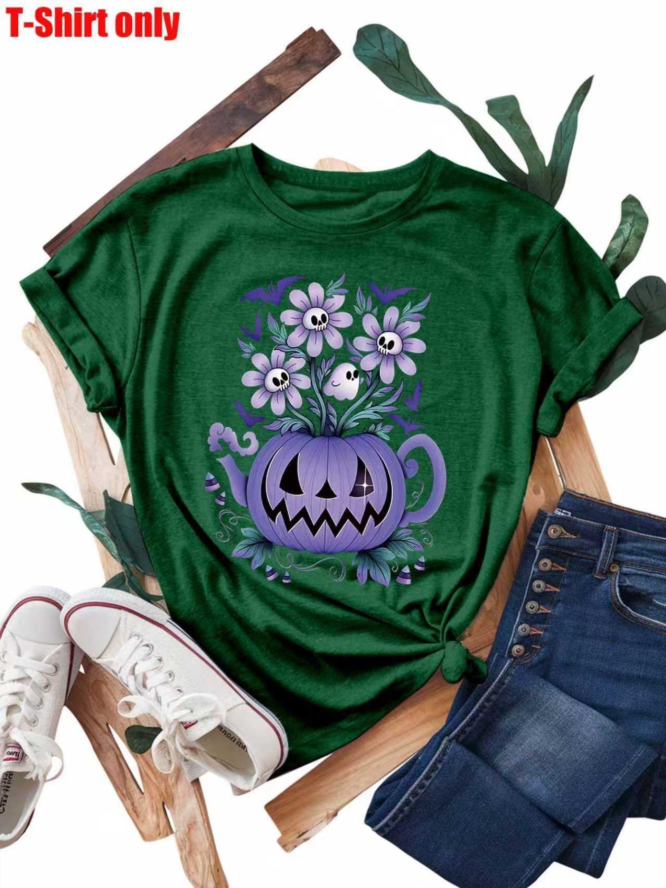 【Plus Size】 Pumpkin & Floral Print Round Neck Tee, Casual Halloween Graphic Short Sleeve T-shirt for Daily Wear, Women Plus Clothing for All Seasons