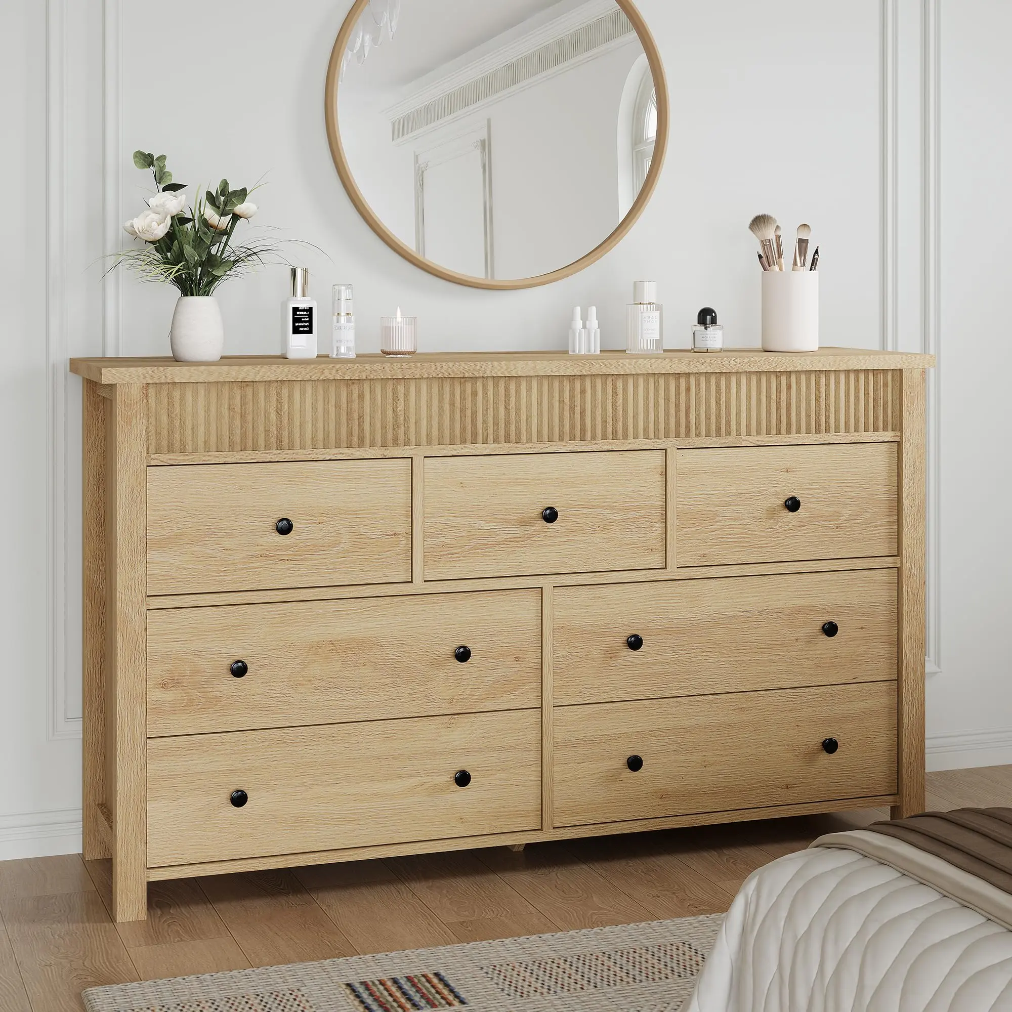 6-Drawer Low Profile Rectangle Wood Dresser - Sturdy Modern Fluted Storage Chest, Wooden TV Stand Console Table for Bedroom, Living Room
