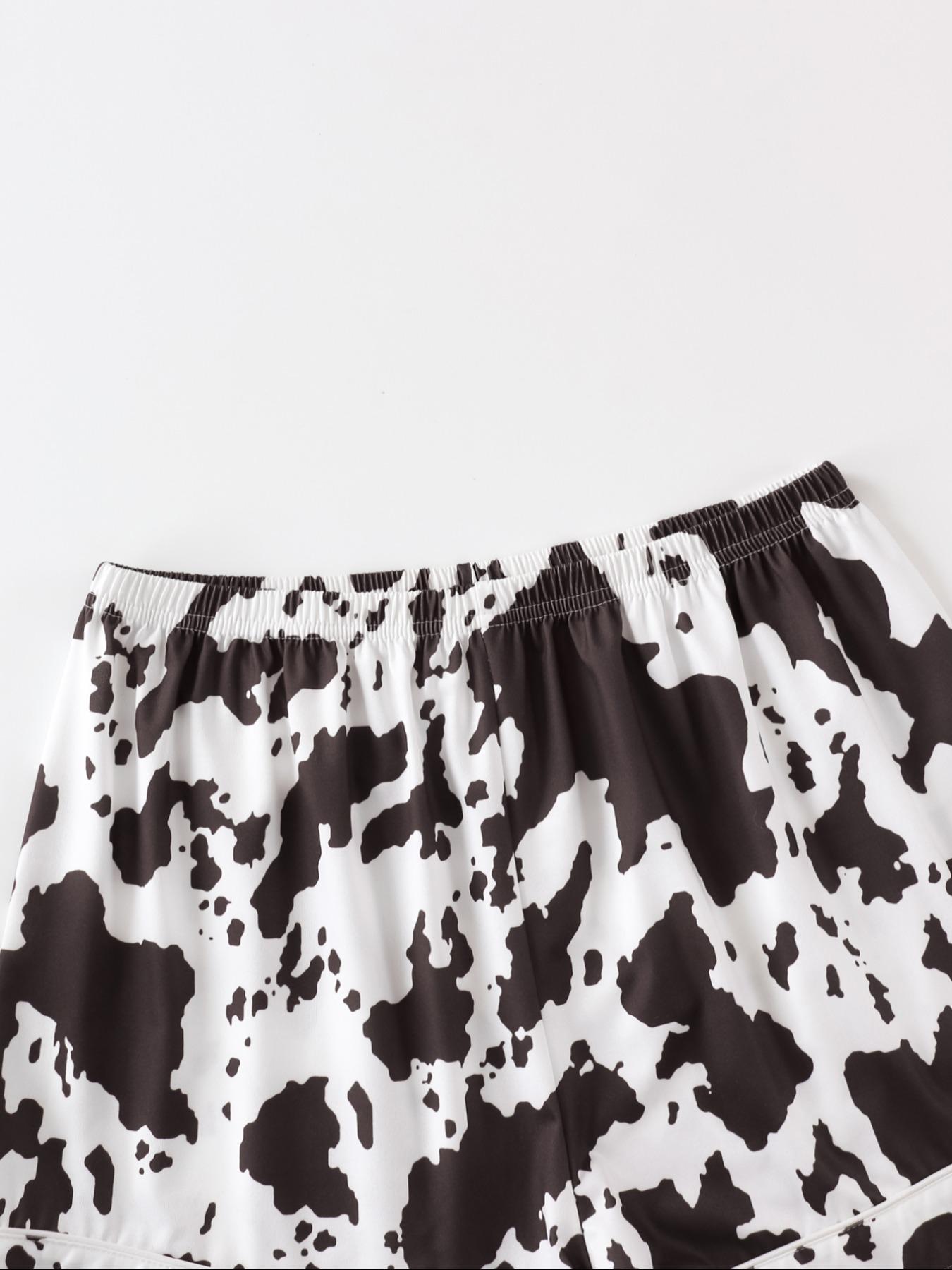 Women's Cow Print Notched Neck Crop Shirt & Shorts Pajama Two-piece Set, Elegant Comfy Short Sleeve Top & Shorts PJ Set, Ladies Sleepwear for All Seasons, Casual Sleepwear Set