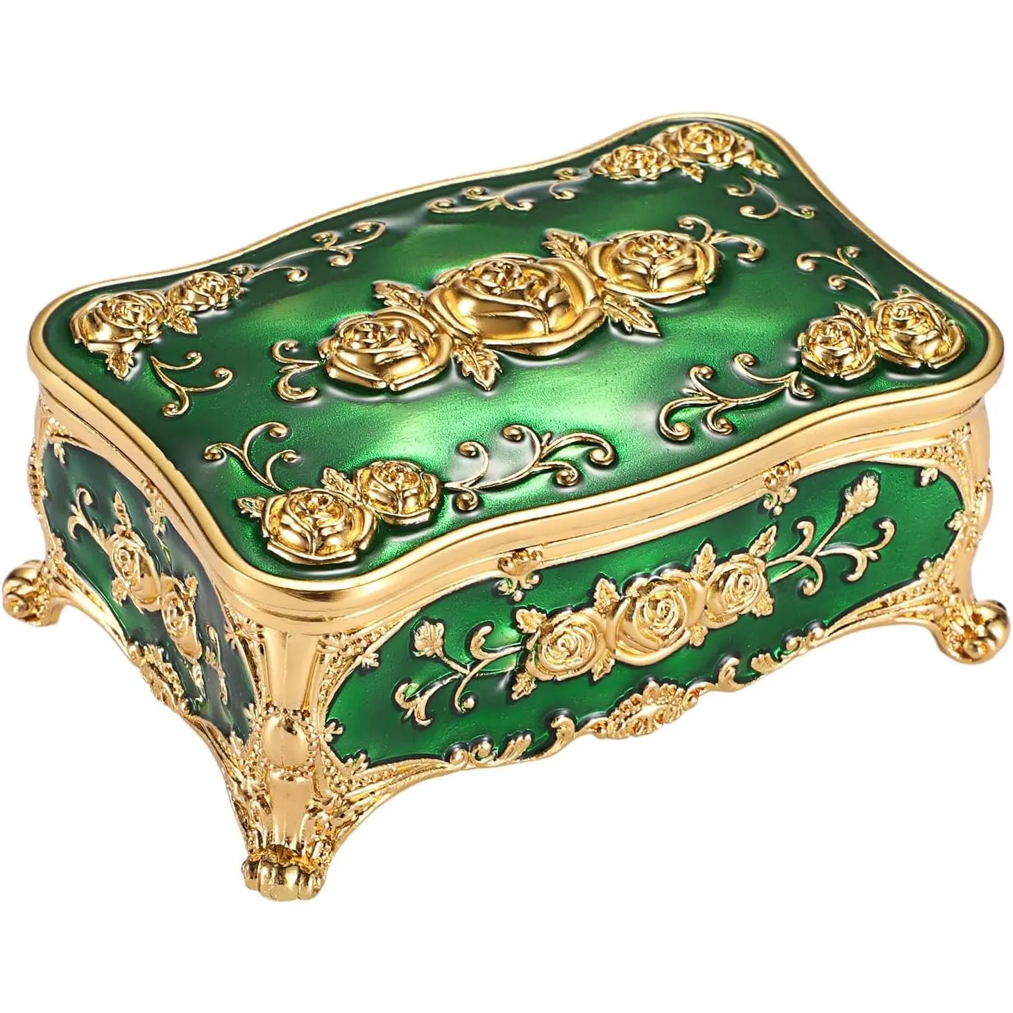 Metal  Box Green Treasure Box with  Rose  | Antique Trinket Chest Case Rectangular Decorative  Box Rings Necklace Earrings Organizer,  for Women