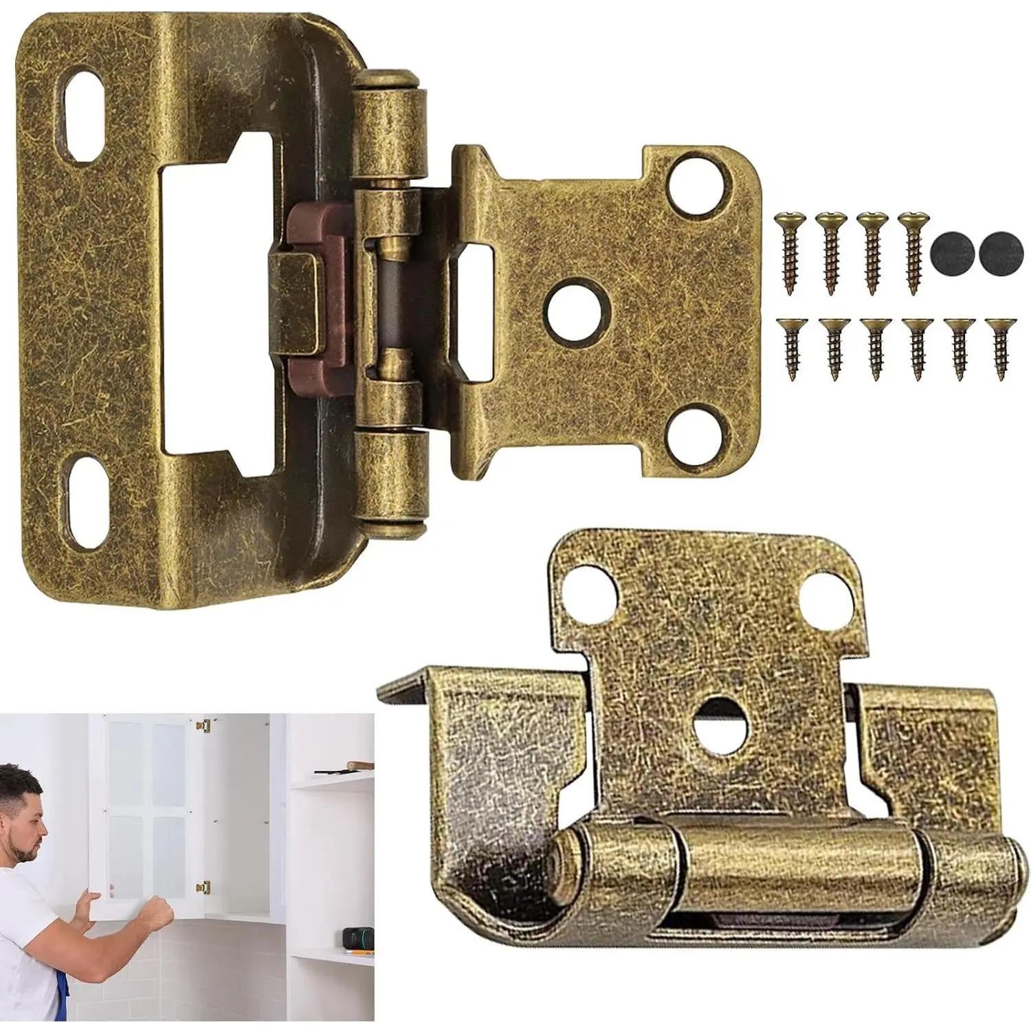 2 count Cabinet Hinge,Antique Brass 1/2" Overlay Self Closing Cabinet Hinges Semi-Concealed  Frame for Kitchen Cabinet, Furniture Foor and Closet
