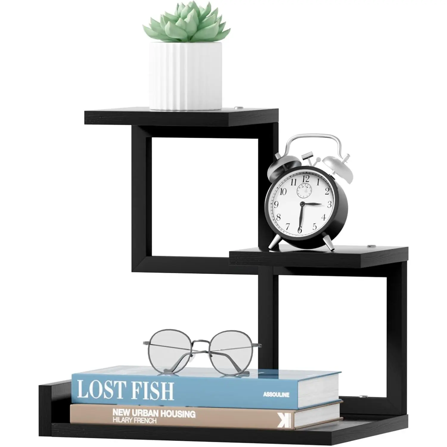 Desk Shelf Organizer - Wood Desktop Shelf, Freestanding Desk Hutch Office Decor, 3 Tier Storage Display Rack, Small Bookshelf with Metal Frame for Books/Plants/Toys (Black)