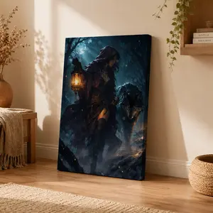 Hooded Woman with Lantern and Wolf in Dark Forest Vertical Canvas Wall Art, Gothic Fantasy Poster, Home Decor for Living Room Bedroom Moody Space, Available as Unframed Canvas Poster or Framed Canvas Wrap