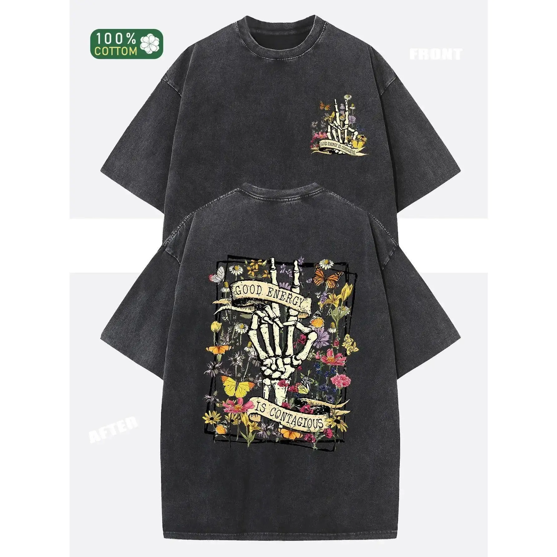 230g Heavyweight Washed cotton T-Shirt - Good Energy Is Contagious Retro Graphic Tee, Oversized Unisex Streetwear with Vintage 90s Design, Loose Fit Round Neck Short Sleeve, Boyfriend Tee