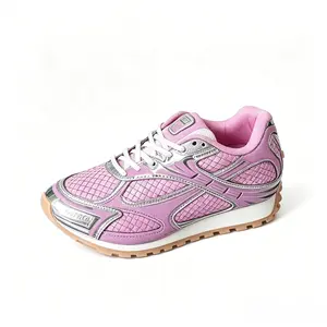 Ladies Pink Diamond Grid Breathable Mesh Low Top Sneakers, Shiny Silver Metallic Panel Stitching Vintage Running Shoes, Serrated Gum Rubber Anti Slip Outsole Cushioned Daily Commute Street Style Walking Athletic Footwear