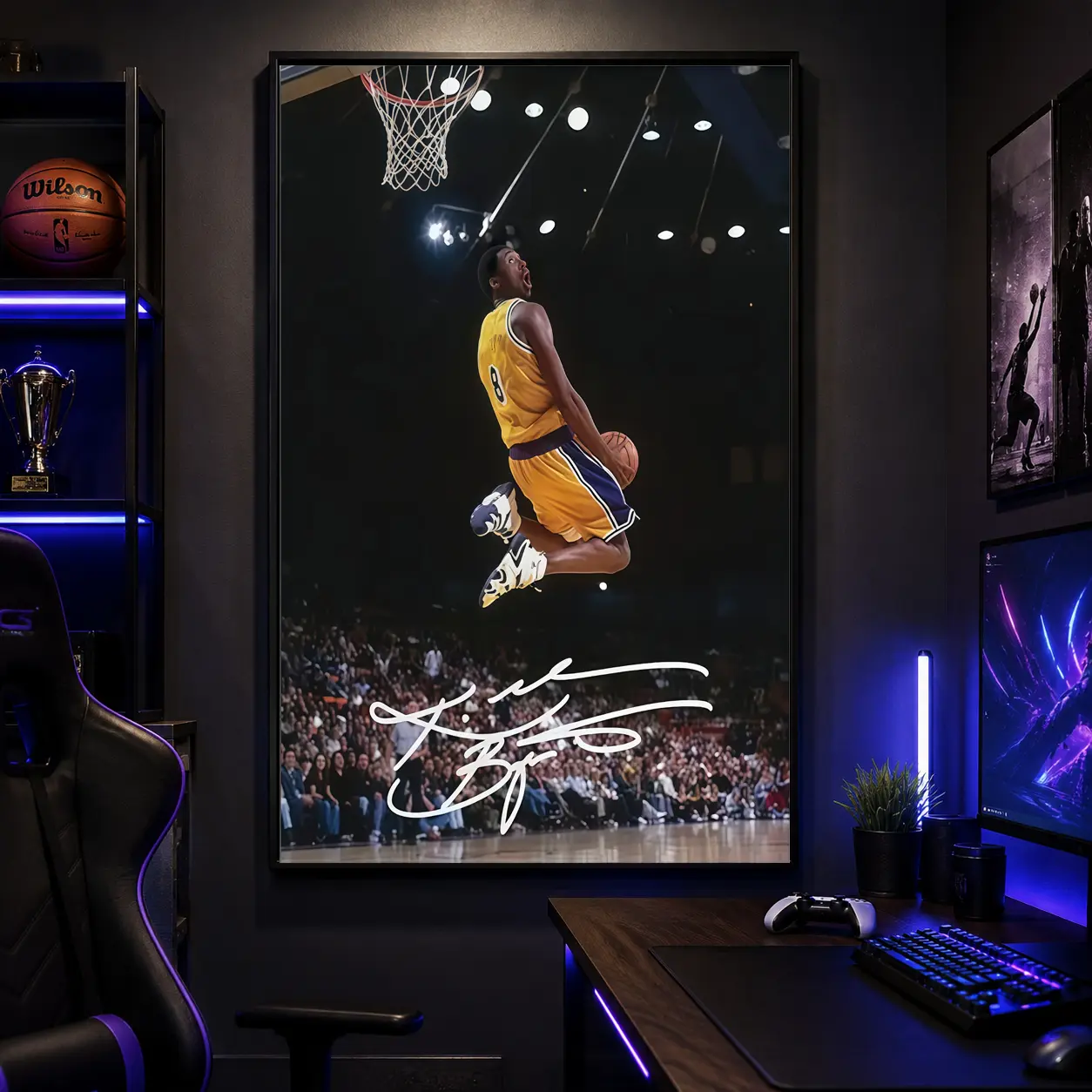 1PCS With Framed  Kobe Bryant Dunk Moment Canvas Wall Art with Solid Wood Frame Sports Memorabilia Decorative Painting for Living Room Bedroom Office Gym Home Decoration Gift for Basketball, Basketball Wall Decor, Man Cave Decor, Sports Fan Gift