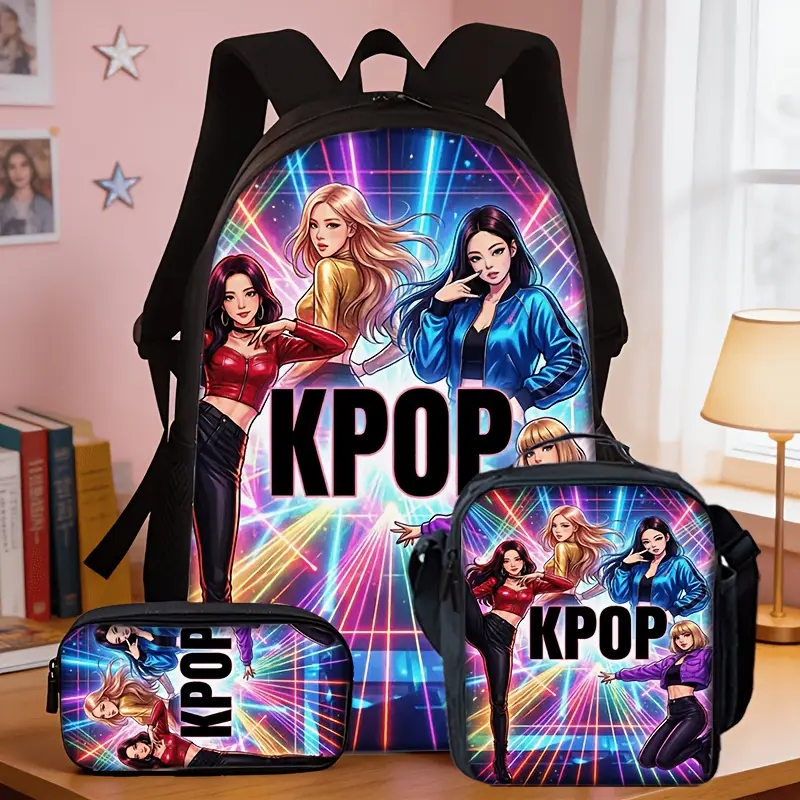 3pcs Women's Bag Set,  Fashion Print Backpack Set, Trendy Backpack Set with Stylish Colorful Design, Featuring Four Dynamic Group Members Pattern. Includes Backpack, Clutch, and Crossbody Bag. Suitable for People's Daily Outings and Party