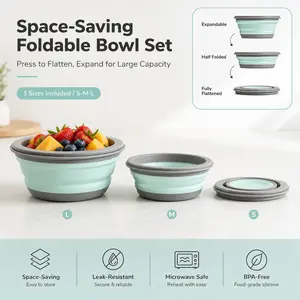3-Piece Space-Saving Foldable Silicone Bowl Set (S/M/L) - BPA-Free, Leak-Resistant, Microwave-Safe Collapsible Containers for Travel, Camping & Meal Prep