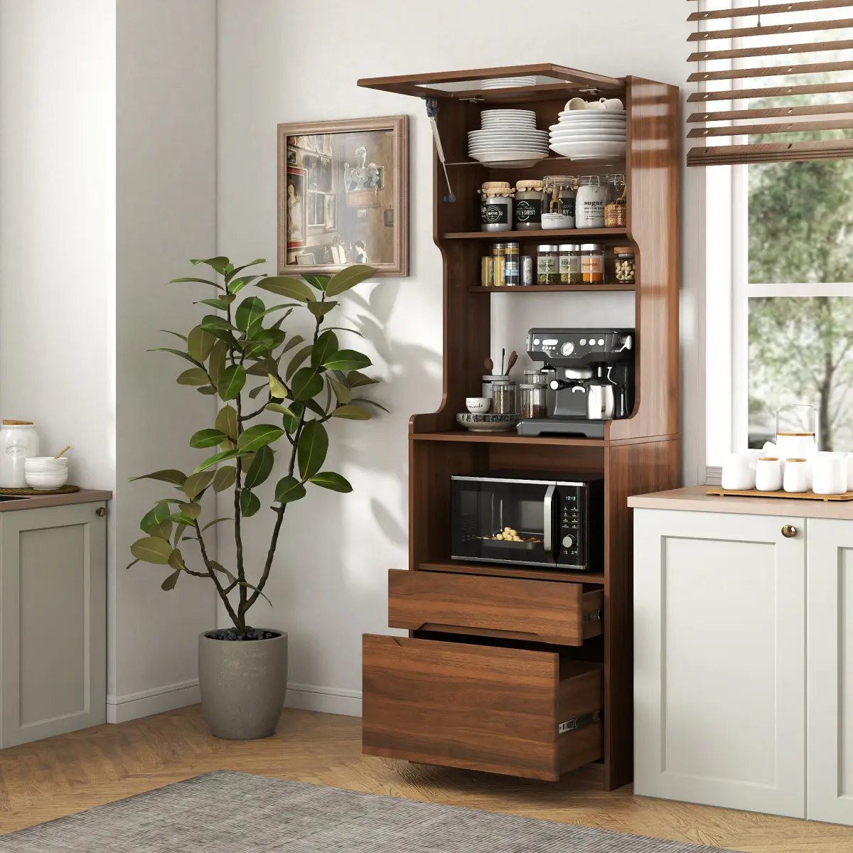 [Fahuac] Modern Vertical Enclosed Tall Kitchen Pantry Storage Cabinet, Freestanding Hutch with Drawers, Open Shelf & Cable Hole, Microwave Coffee Bar Cabinet