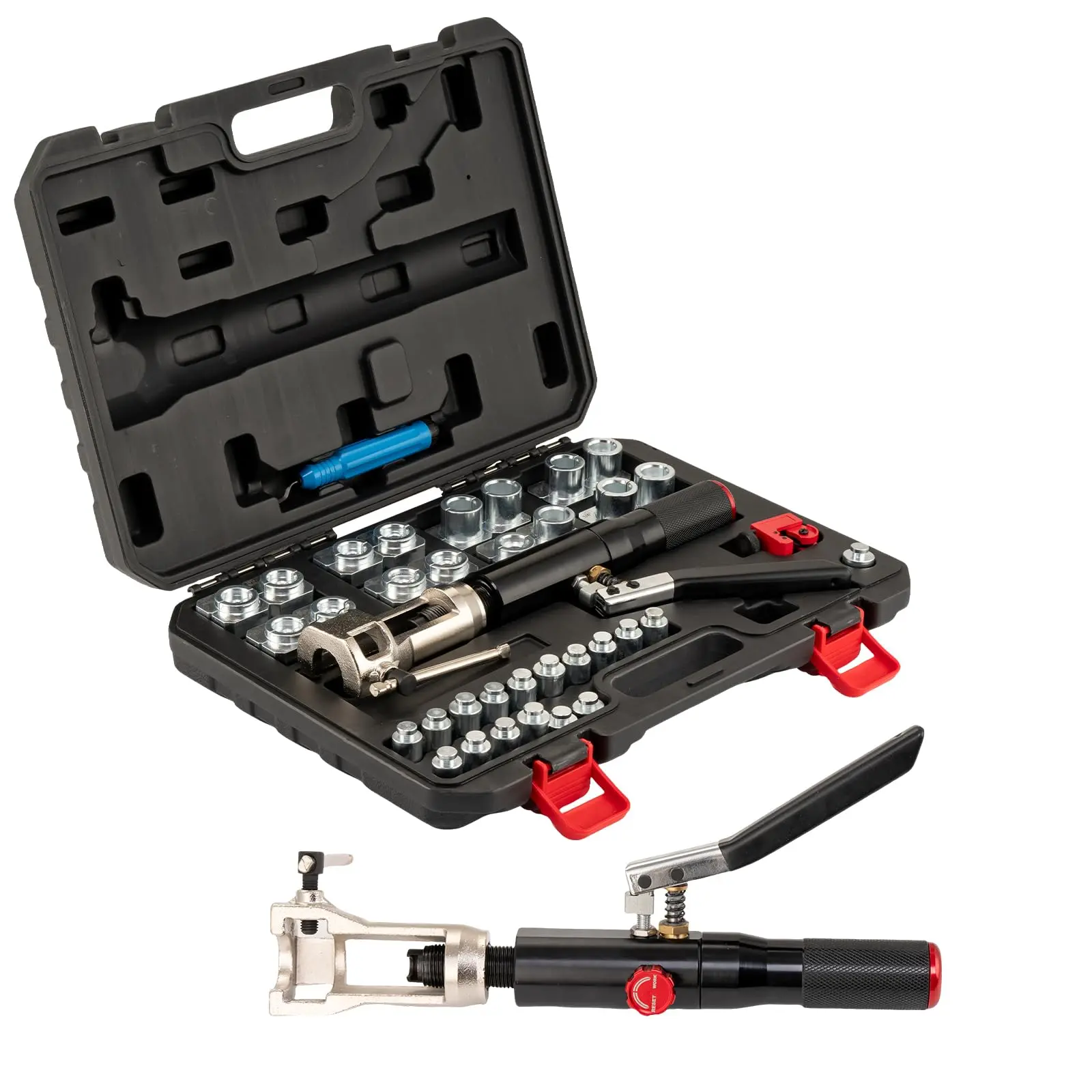 33PCS Hydraulic Flaring Tool Kit - 45° Double Flaring Tools for 3/16"-1/2" Tubing, Includes Tube Cutter & Deburrer, Ideal for Copper Lines, Steel Pipes in Automotive Brake Repair, Hydraulic Kit
