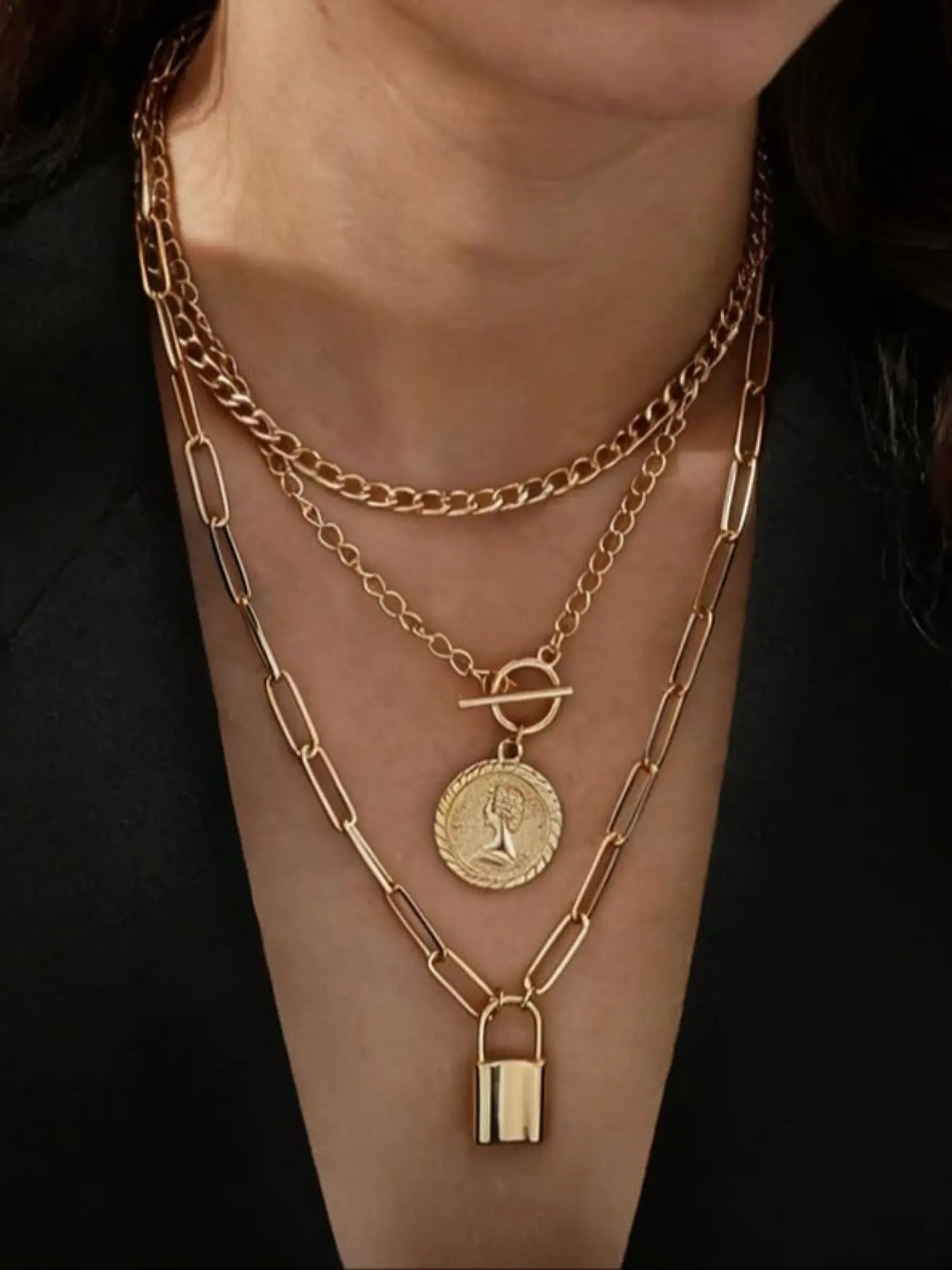 Vintage Layered Necklace Set, Casual Stainless Steel Chain, Coin Pendant, Ideal Jewelry Gift, All Seasons Wear