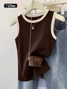 1Pc Women Contrast Binding Crew Neck Sleeveless Fit Vest Casual Inner Top