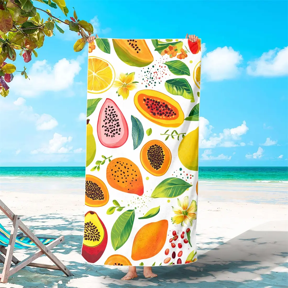 1/2Pcs (31in/63in)&(35in/71in) Tropical Papaya Mango Orange Slice Beach Towel, Fresh Exotic Fruit Leaf Floral Print Microfiber Quick Dry Sand Free Large Pool Towel, for Adult Summer Travel Camping Vacation