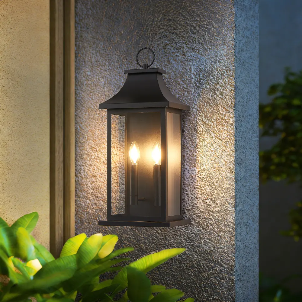 Dusk to Dawn Outdoor Wall Lantern 2-Light, 22.2 Inch Large Black Exterior Wall Sconce with Clear Glass, Modern Waterproof Outdoor Wall Light Fixture, Motion Sensor Style Porch Light for House, Garage, Patio, Entryway, Garden, Farmhouse Exterior Lighting