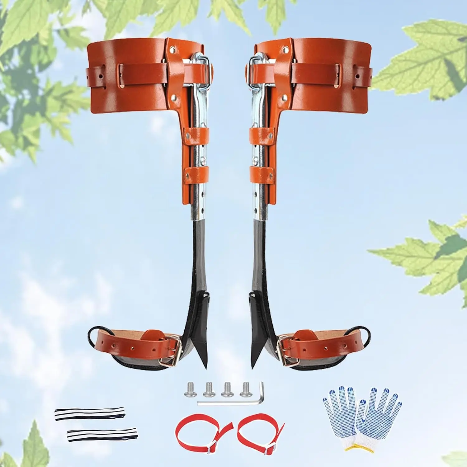 Upgraded Leather Tree Climbing Spikes Set, 45# Steel Forging Height Adjustable Tree Climbing Gear Tool for Tree Work Logging Fruit Picking (Brown)