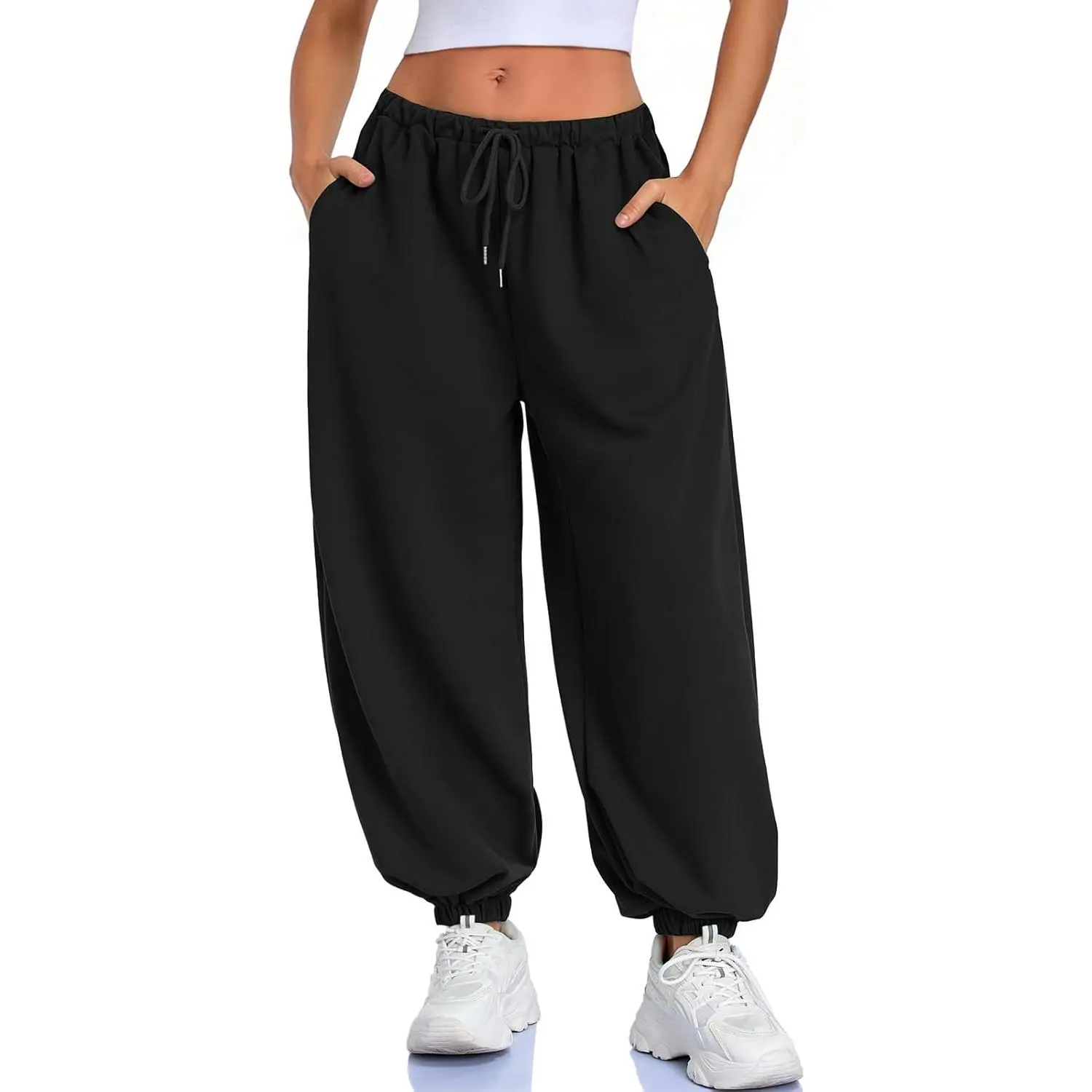 Female Harem Pants - Women's Cotton Elastic Waist Balloon-Leg Baggy Lounge Trousers with Adjustable Strap, Drawstring, Elastic Cuffs for Workout Joggers, Skin Friendly, Sporty Chic, Daily Wear, Two Slanted Pockets