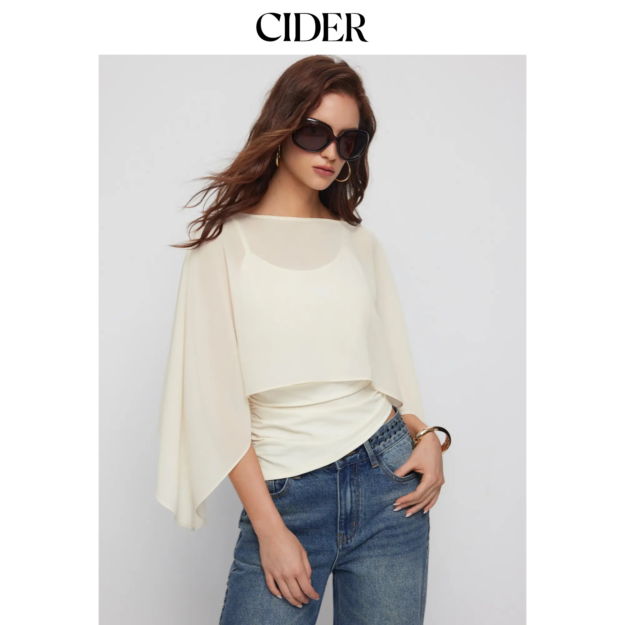 Cider Ruched Cami Top & Chiffon Boat Neck Cape