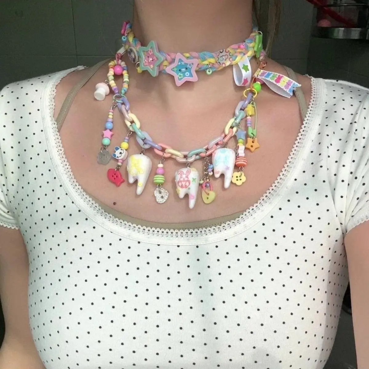 Original Teeth Necklace Beaded Pins Cute Playful Design Necklace Versatile Buttons Subculture Decoration Valentine's Day Gift